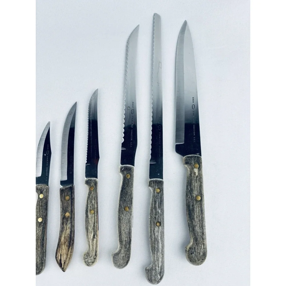 Vintage Ekco Lot Of 6 pc Stainless Vanadium Kitchen Knife‎ Wood Handle USA